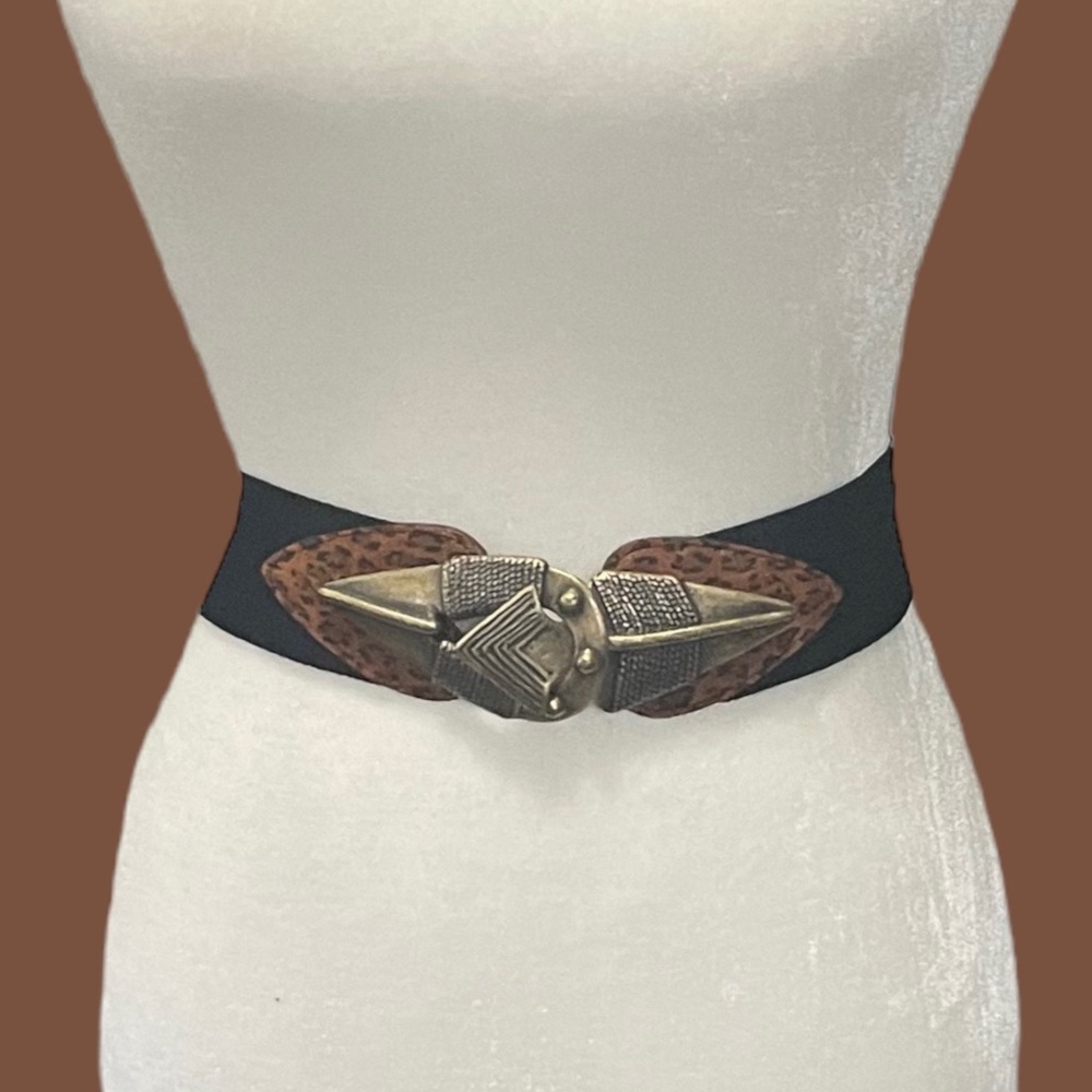 Black Elastic Waist Belt with Antique Gold & Brown Accents